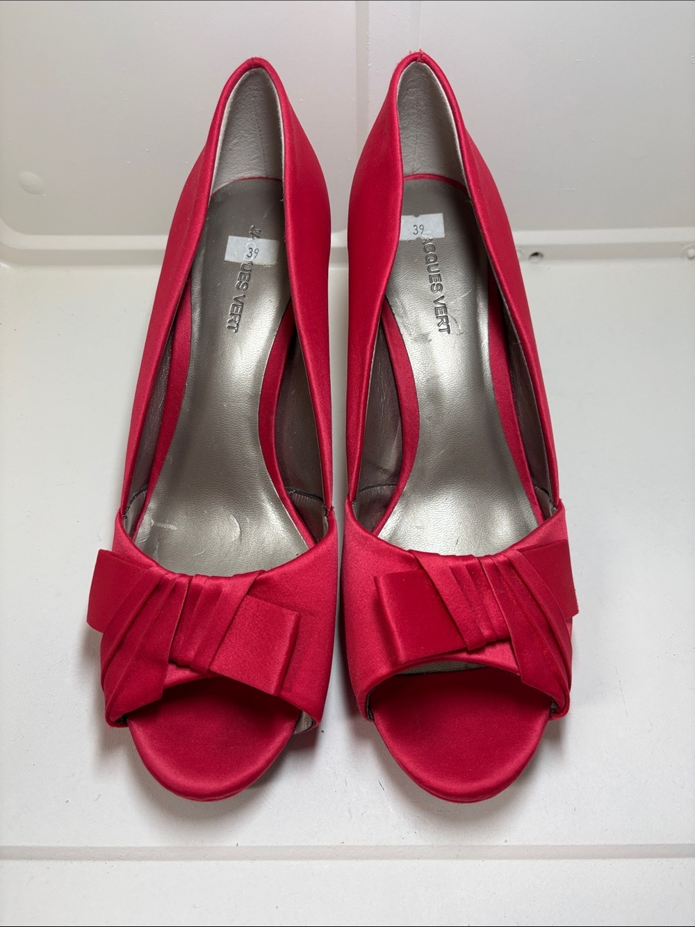 Red Satin Peep-Toe Heels with Bow Accent party occasion, trendy chic date night - Picture 2 of 6